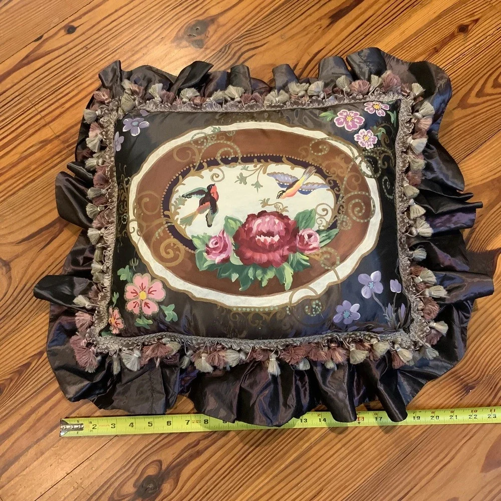Ornate Throw Pillow Hand Painted Birds Flowers Roses Purple Tafeta Tassle Trim